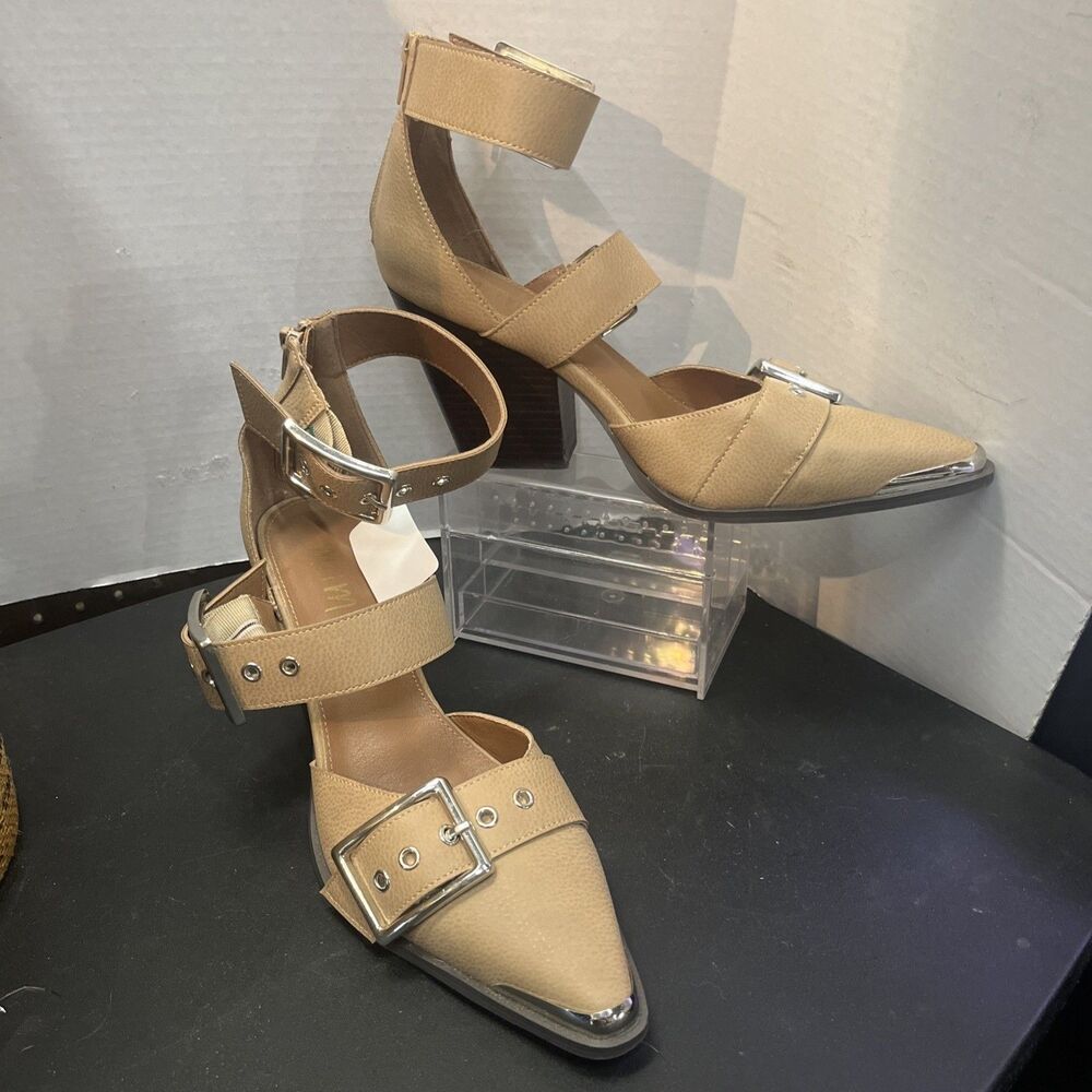 Mi.iM Womens 8.5 Beige Platform Mule Faux Leather Block Heels Casual Pointed